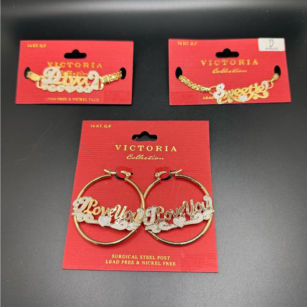 Victoria Collection Bundle 14KT GF Anklet-Earrings-Bracelet New